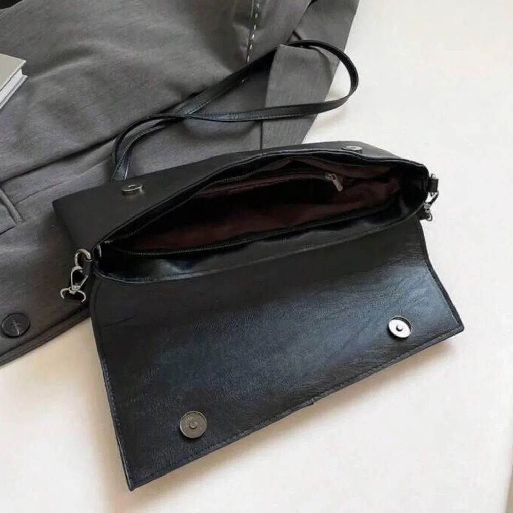 Black Textured Fold-Over Clutch Bag